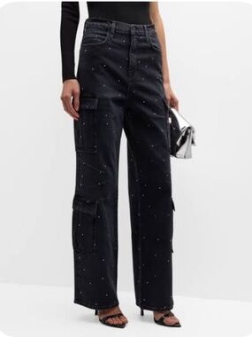 Triarchy Black Embellished Wide-Leg Cargo Jeans